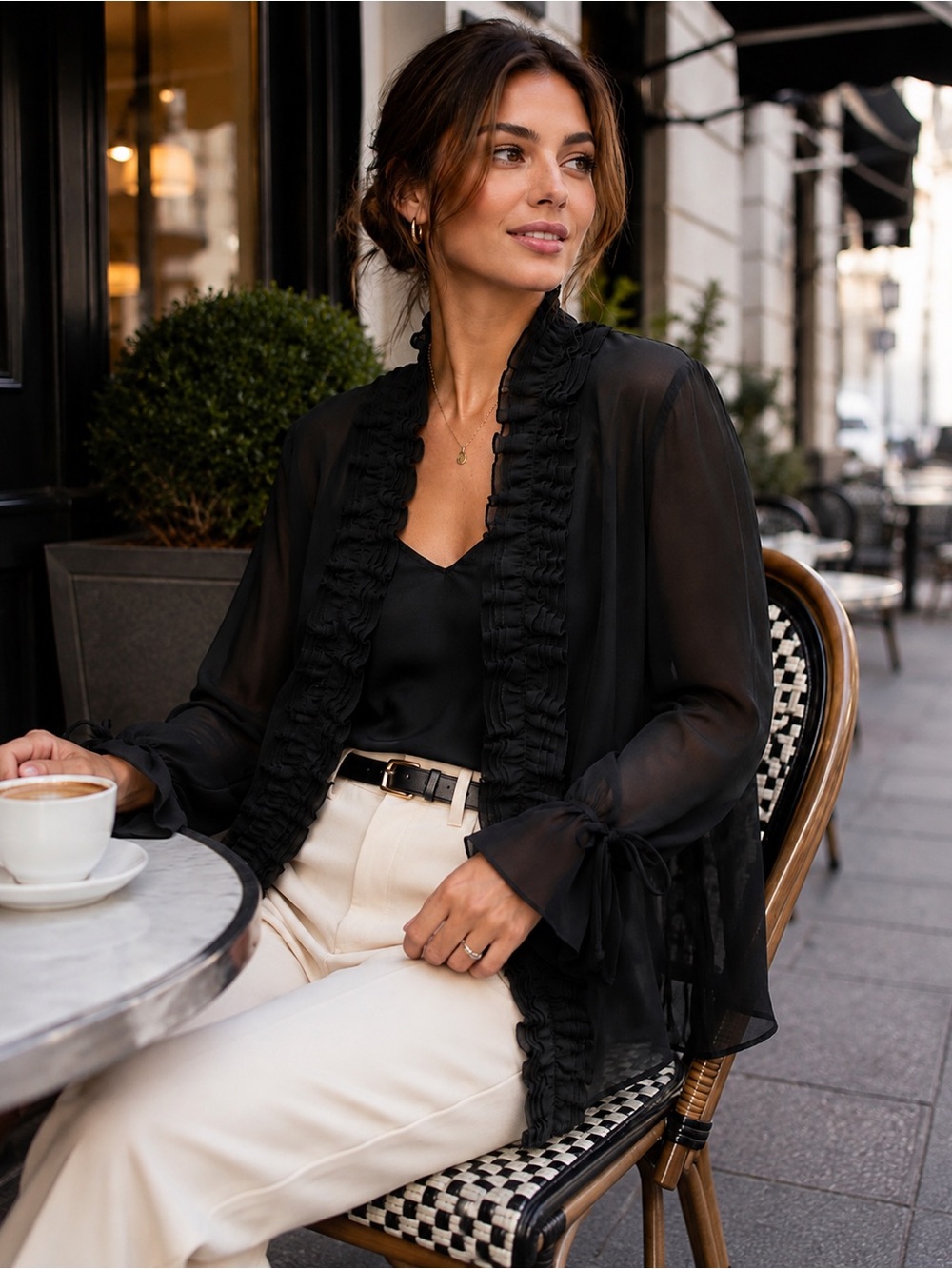 Milano Black Ruffle-Trim Sheer Blouse/Jacket
